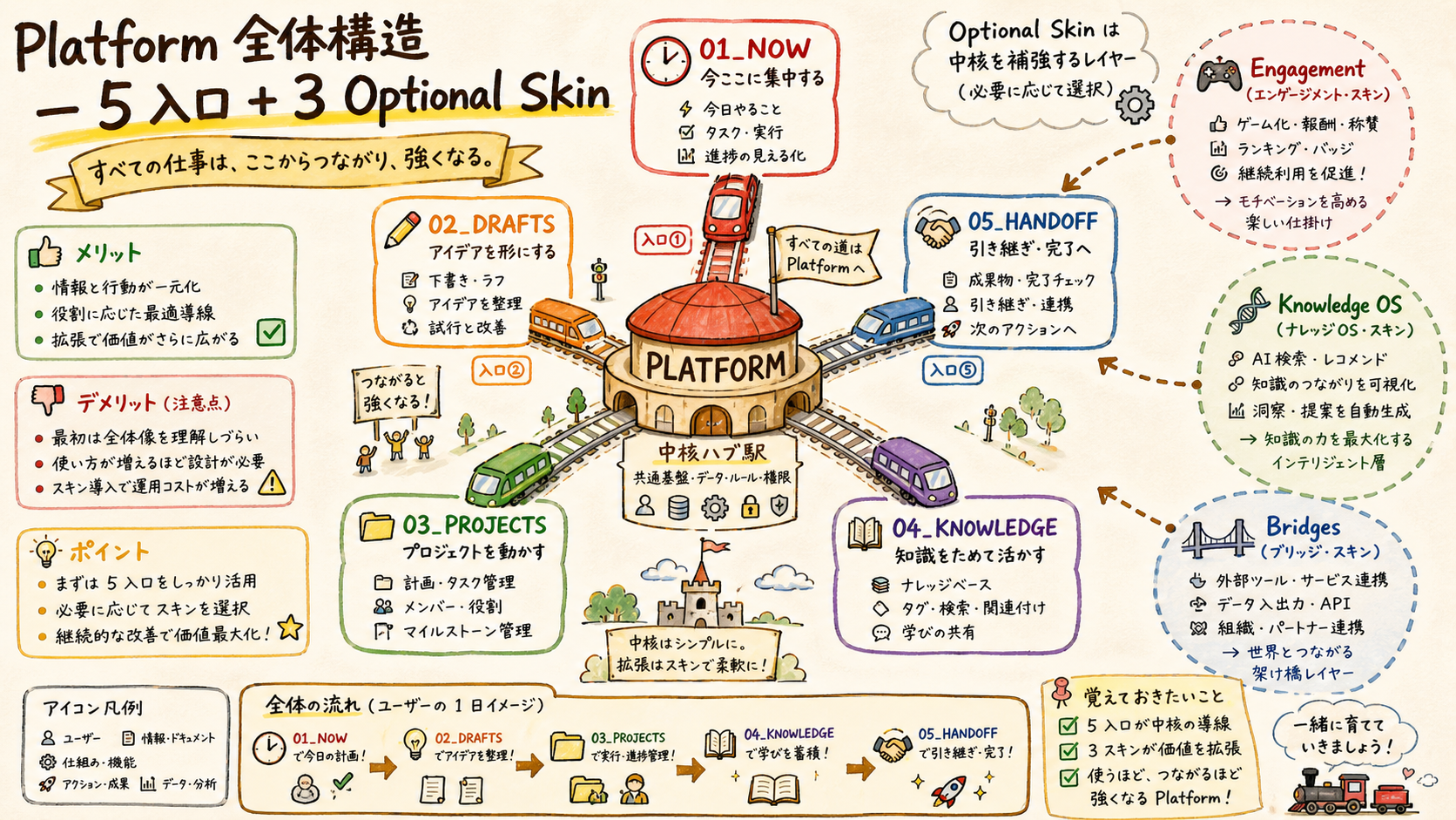 Platform 全体構造 5 spoke + 3 Optional Skin overview
